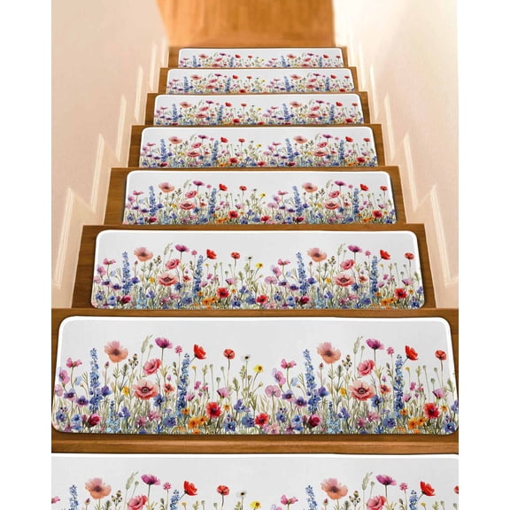 Pastoral Spring Floral Stair Treads for Wooden Steps Indoor Runner Rug Carpet, Elegant Summer Flower Botanical 15 Pieces Peel and Stick Staircase Step Treads Covers Washable Throw Door Mats, 30"x8"