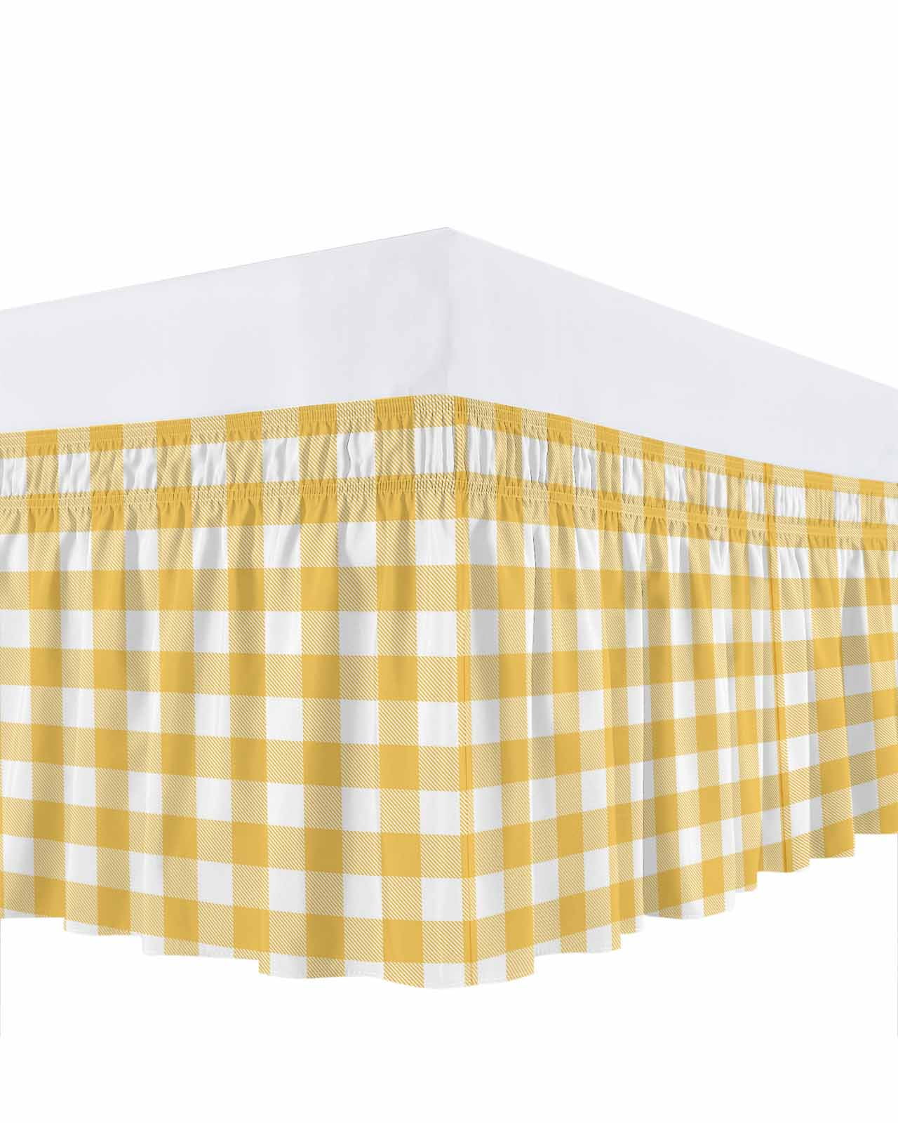 Pastoral Style Bed Skirt King Size 16" Drop Yellow Lattice Ruffled Wrap Around Bed Skirts Adjustable Elastic Bedskirt Dust Ruffle for King Size Bed