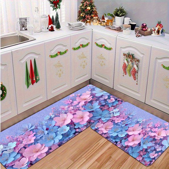 Pastoral Style Blue Pink Floral Rugs, 2D Flat Weave, Soft Polyester, Machine Washable Non-Slip, for Kitchen Bathroom Hallway Laundry, Holiday Home Decor