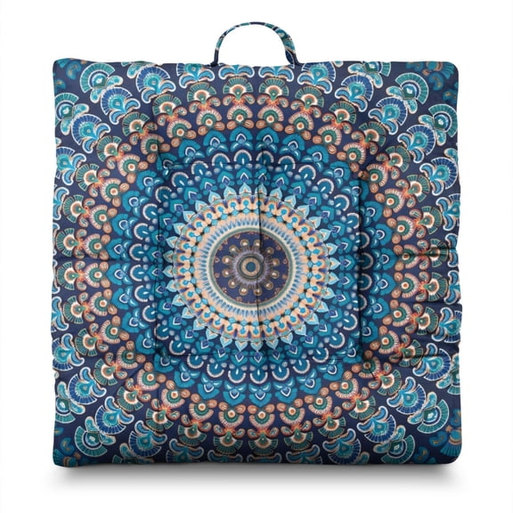 Pastoral Style Floor Cushion 22 Inch Large Square Pillow, Traditional Print, Soft Velvet for Meditation & Reading Nook