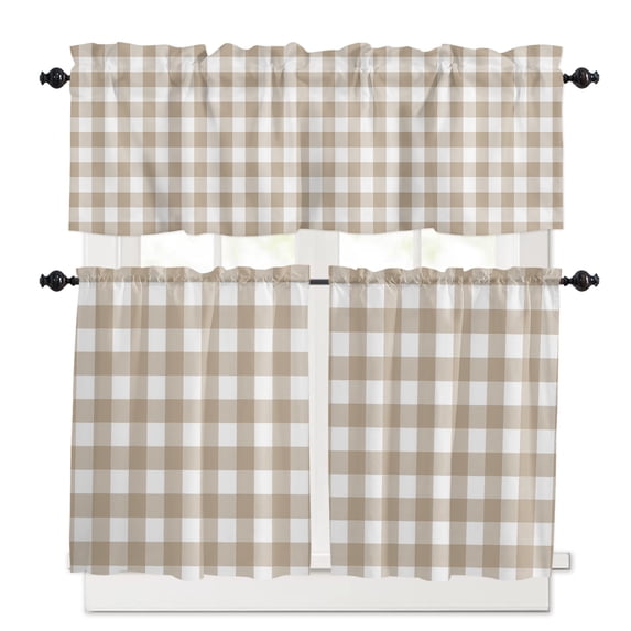Pastoral Style Kitchen Curtains Valance and Tier Set 3 Pieces,Khaki Lattice Small Window Curtains Set, 24 Inches Length Rod Pocket Short Window Treatment Tiers For Bathroom Cafe