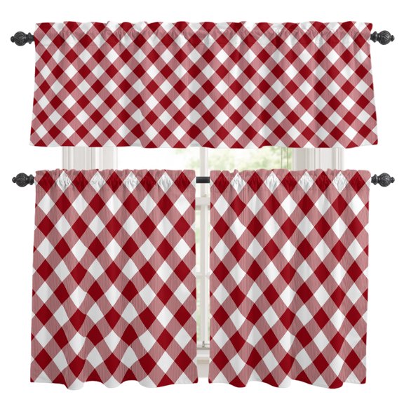 Pastoral Style Kitchen Curtains Valance and Tier Set Crimson Lattice Rod Pocket Short Curtains for Small Window 3 Pieces Set for Bedroom Bathroom Cafe (54" x 18"+27" x 36")