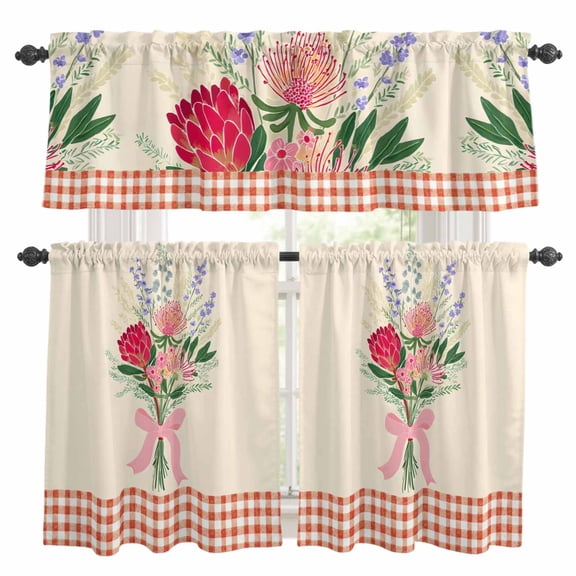 Pastoral Style Kitchen Curtains and Valances Set, Hand-painted Floral Bouquet Bow Red Plaid Beige Rod Pocket Window Valance Window Curtain Panels for Living Room Bedroom Laundry, 27.5x24in, 3 Pieces