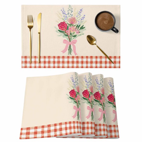 Pastoral Style Placemats Set of 1, Hand-painted Floral Bouquet Bow Red Plaid Beige Non-Slip Place Mats Washable Table Mats for Kitchen Dining Table Decorations Indoor/Outdoor