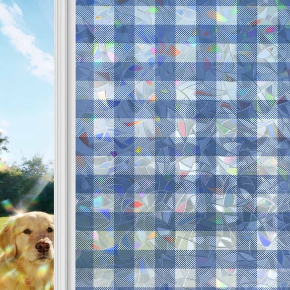 Pastoral Style Rainbow Window Privacy Film, Blue Lattice Stained Glass Window Film, Sun Blocking Glass Clings Static Cling Non Adhesive Door Stickers 19.6 x 39.3 Inches