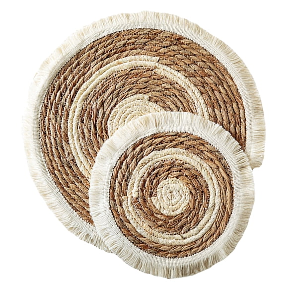Pastoral Style Round Cattail Cotton Rope Placemat Set 2pcs with Color-blocked Tassel Edges, Insulated Dining Mats 38cm & 25cm