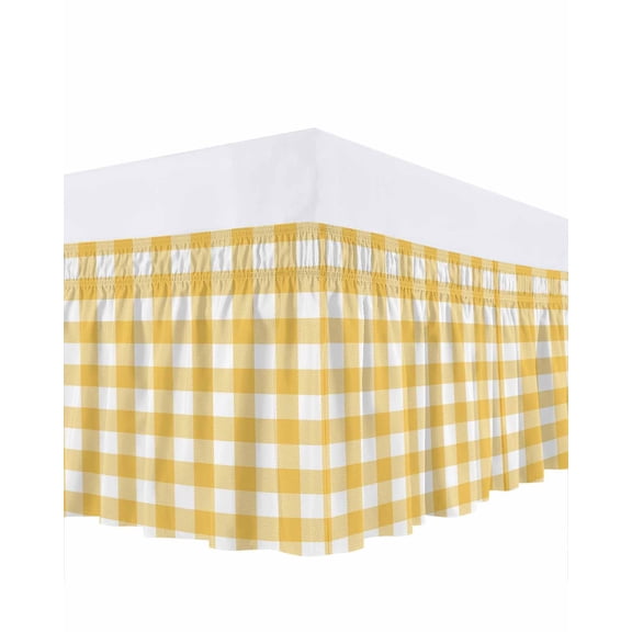 Pastoral Style Ruffle Bed Skirt California King Size Yellow Lattice Adjustable Elastic Dust Bed Skirts Wrap Around Bedskirt Wrinkle Free Easy Fit with 18 Inch Drop