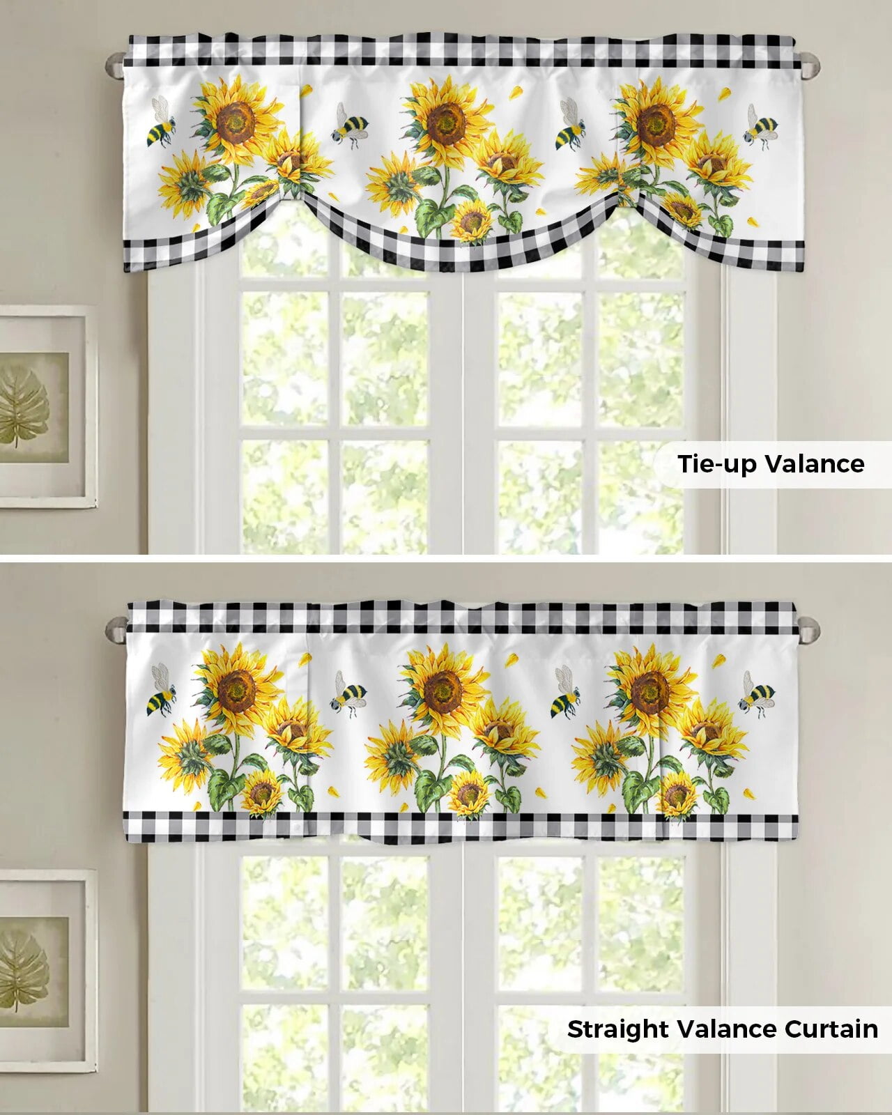Pastoral Style Sunflower Yellow Lattice Curtain Rod Pocket Short