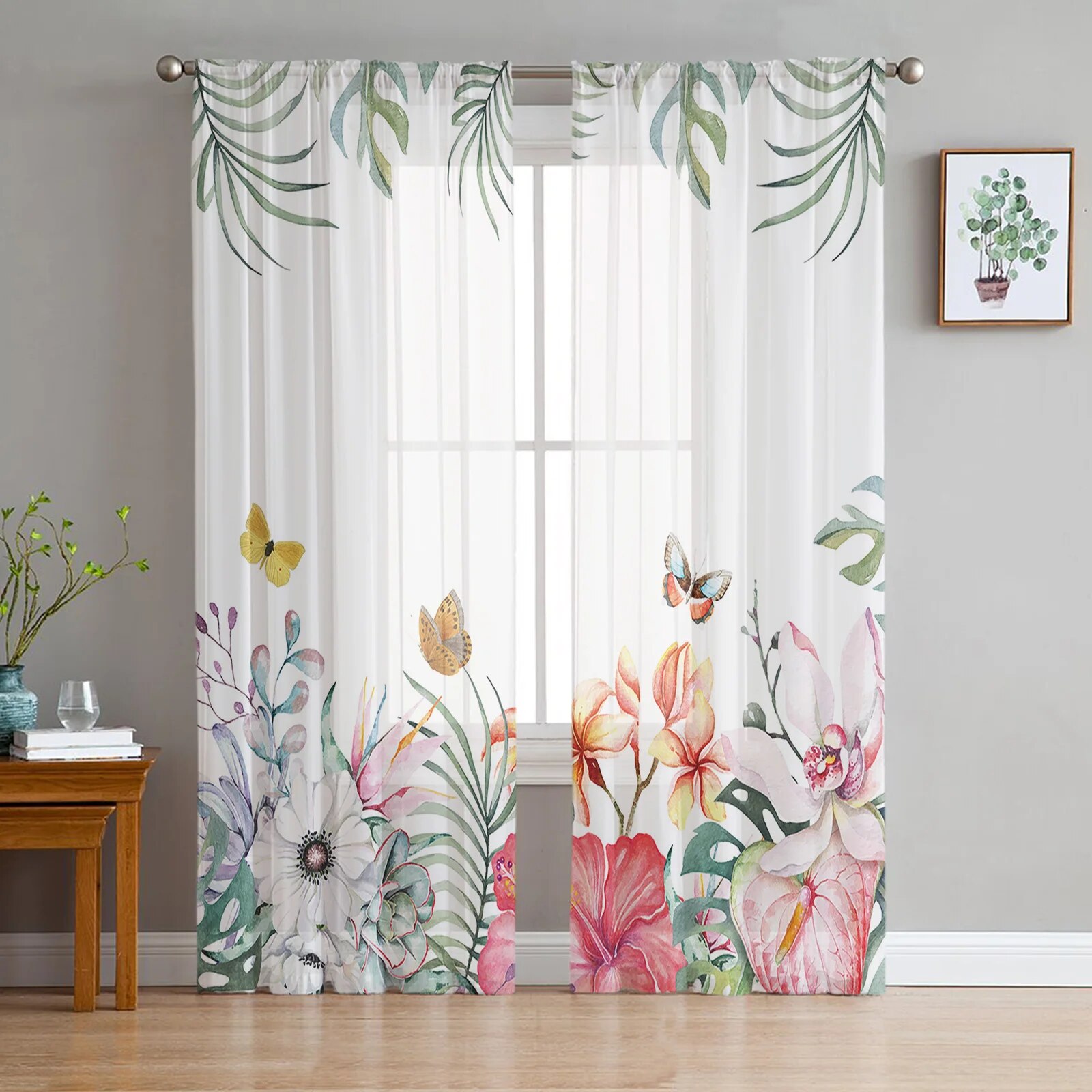 Pastoral Style Tropical Plants Flowers Butterfly Sheer Curtains Kitchen ration Window Tulle ...