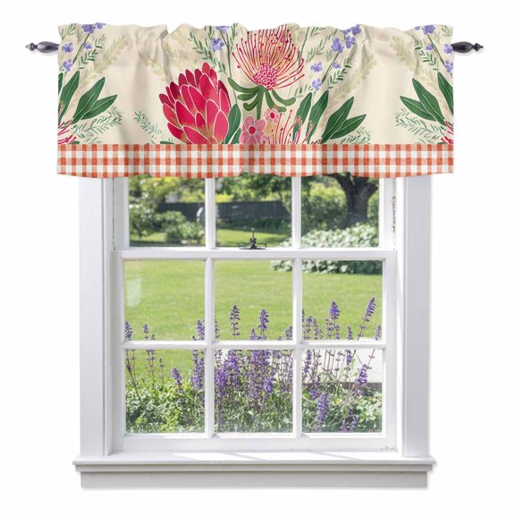 Pastoral Style Valances for Windows Hand-painted Floral Bouquet Bow Red Plaid Beige Rod Pocket Cafe Window Treatments Valance Curtains for Kitchen Bathroom Laundry Basement Windows 60"x14"