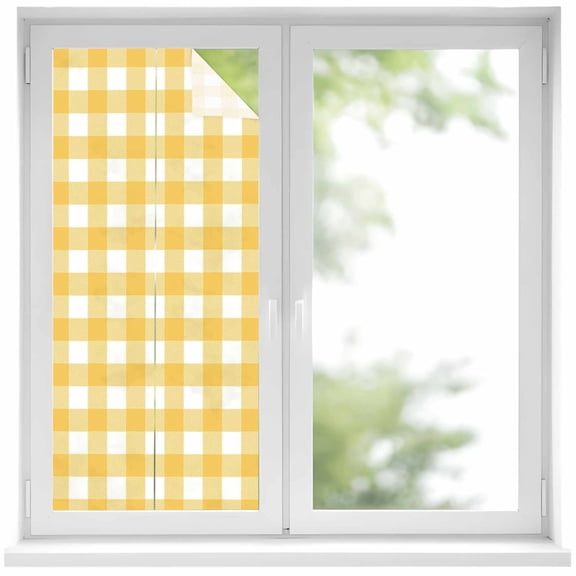 Pastoral Style Window Privacy Film Yellow Lattice Decorative Glass Window Film UV Blocking Static Cling Non-Adhesive Sticker Covering for Home Door 19.6 x 39.3 inches