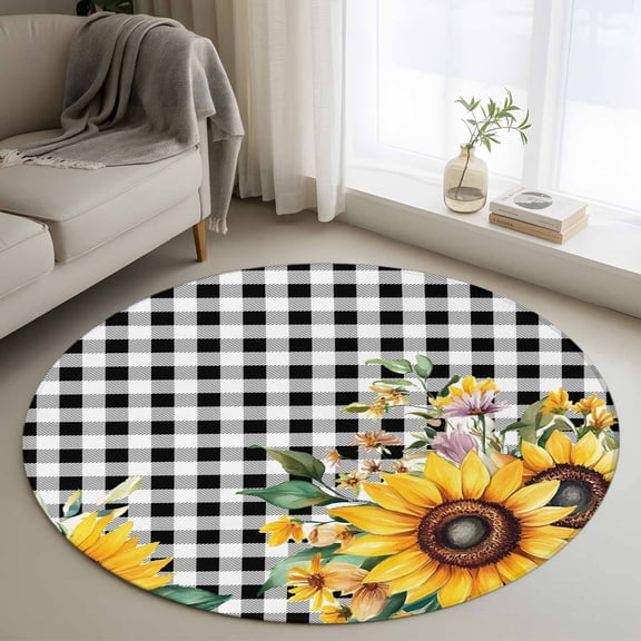 Pastoral Sunflower 3FT Round Area Rugs for Living Room Wildflowers Country Black Buffalo Plaid Ultra-Thin Non-Slip Round Rugs Machine Washable Low Pile Circle Carpet for Bedroom Kitchen Nursery
