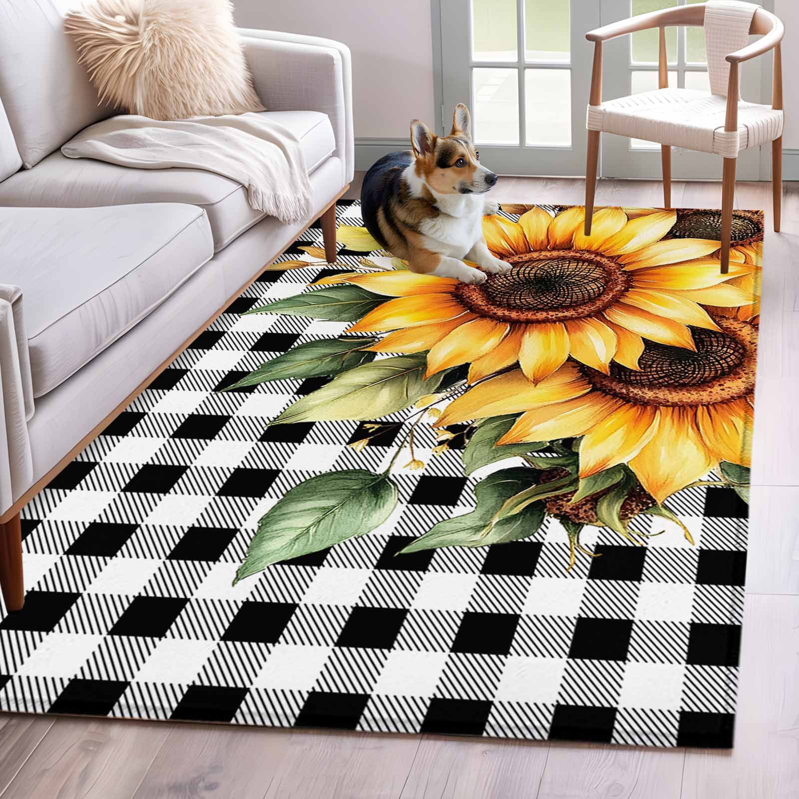 Pastoral Sunflower Area Rugs 4x6 ft Country Floral Plants Black Buffalo ...