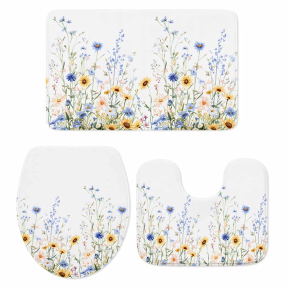 Pastoral Sunflower Bath Mat 3 Piece Bathroom Rug Set, Spring Floral Summer Botanical Non Slip Bath Rug Contour Mat and Toilet Lid Cover, Absorbent Shower Mats Soft Bath Rugs and Mats Sets
