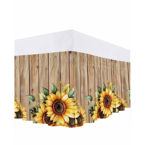 Pastoral Sunflower Bed Skirt California King Size 18" Drop Country Foral Vintage Board Background Ruffled Wrap Around Bed Skirts Adjustable Elastic Bedskirt Dust Ruffle for California King Size Bed