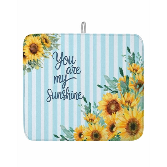 Pastoral Sunflower Blue Stripes Dish Drying Mats for Kitchen Counter,Absorbent Microfiber Dish Drainer Rack Mat You Are My Sunshine Quote Drying Pad for Sinks,Utensils,Countertops,16x18in