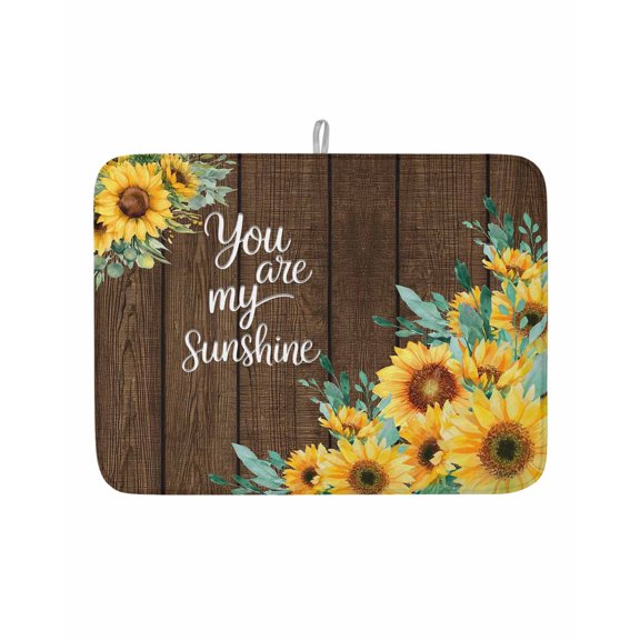 Pastoral Sunflower Brown Plank Dish Drying Mats for Kitchen Counter,Absorbent Microfiber Dish Drainer Rack Mat You Are My Sunshine Quote Drying Pad for Sinks,Utensils,Countertops,18x24in