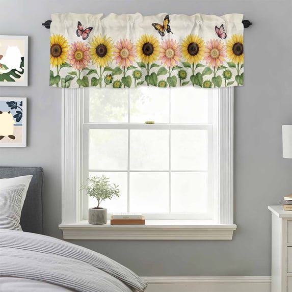 Pastoral Sunflower Butterfly Valances for Windows,Kitchen Valance Rod Pocket Short Curtain, Vintage Plant Valance Curtain Window Valances for Bedroom Bathroom Living Room 42x18in