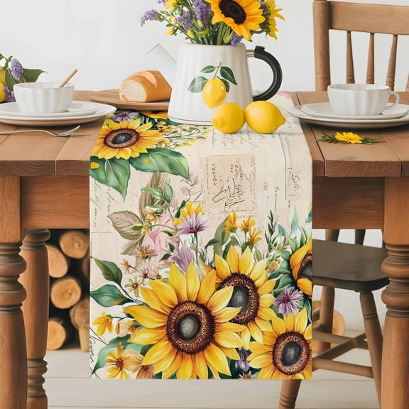 Pastoral Sunflower Dining Table Runner, Wildflowers Country Retro Letter Background Washable Table Runners Kitchen Coffee Table Center Decor for Home Party Holiday Wedding 13 x 36 Inches