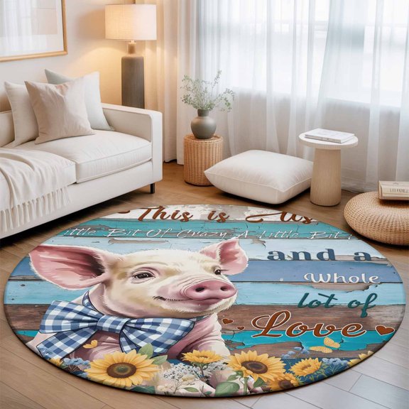 Pastoral Sunflower Farm Pig Round Rug 5ft Rustic Farmhouse Wood Board Washable Area Rugs for Living Room Bedroom Entryway Non Slip Entrance Door Mat Indoor Floor Carpet
