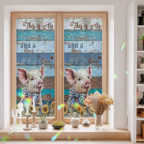 Pastoral Sunflower Farm Pig Window Privacy Film,Decorative Windows Static Cling Rustic Farmhouse Wood Board Heat Control Removable Glass Sticker for Home Bathroom Bedroom Window Door,23.6x59in