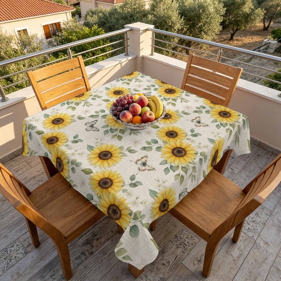 Pastoral Sunflower Leaf Retro Linen Table Cloth 60x60in, Waterproof Square Tablecloth Wipeable Tablecloths Country Plant Butterfly Table Covers for Dining Tables Party Indoor Outdoor