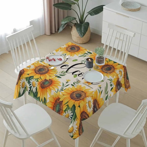 Pastoral Sunflower Leaves on Linen Table Cloth 54x54in, Waterproof Square Tablecloth Wipeable Tablecloths Summer Welcome Quote Table Covers for Dining Tables Party Indoor Outdoor