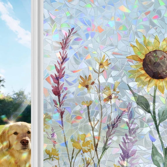 Pastoral Sunflower Rainbow Window Privacy Film, Flowers Leaves Plants Stained Glass Window Film, Sun Blocking Glass Clings Static Cling Non Adhesive Door Stickers 17.7 x 39.3 Inches