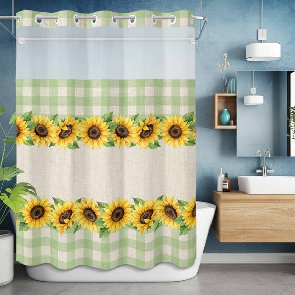 Pastoral Sunflower Retro Linen No Hook Shower Curtain with Snap in Liner Set,Wawtercolor Gingham Check Waterproof Fabric Shower Curtains with See Through Top Window for Bathroom,60Wx72L