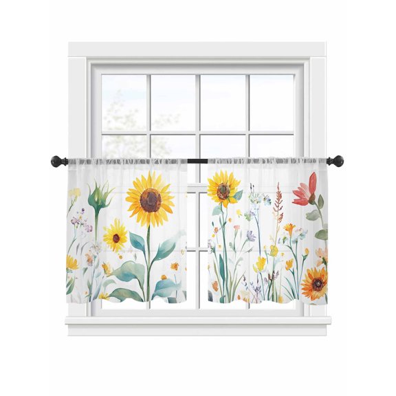 Pastoral Sunflower Sheer Curtains 2 Panels Set Farmhouse Wild Flowers Leaves Plants Sheer Window Curtains Light Filtering Rod Pocket Voile Drapes for Bedroom Living Room 52"x45"
