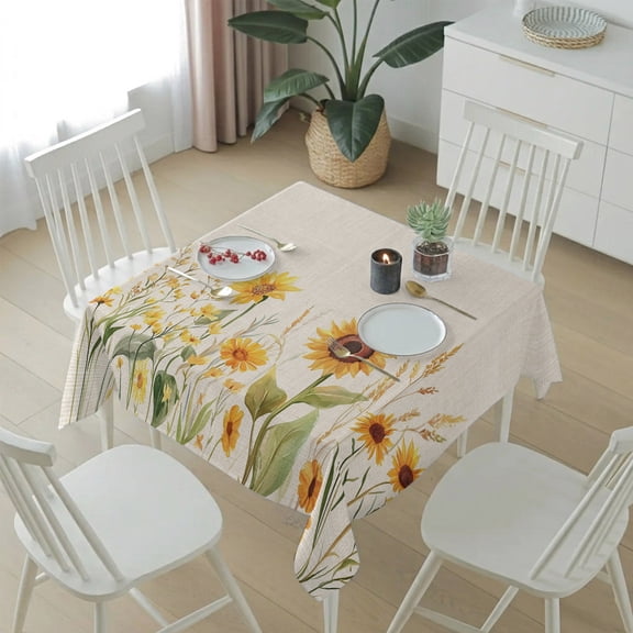 Pastoral Sunflower on Vintage Linen Table Cloth 54x54in, Waterproof Square Tablecloth Wipeable Tablecloths Pastoral Floral Table Covers for Dining Tables Party Indoor Outdoor