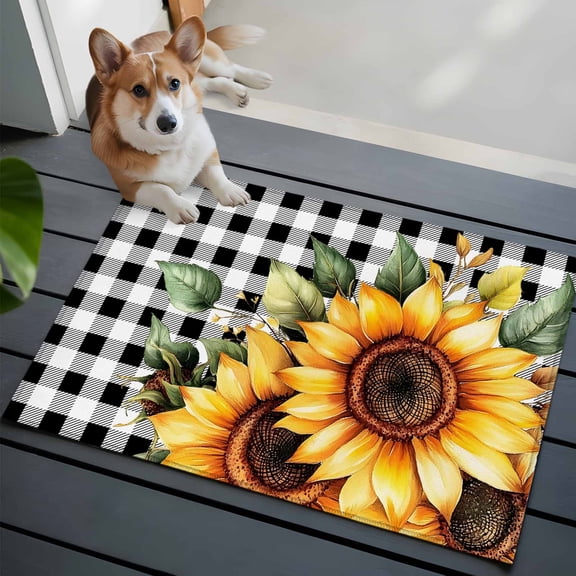 Pastoral Sunflower Washable Area Rug 2x3 Country Floral Plants Black Buffalo Plaid Low-Profile Area Rugs with Non Slip Backing Indoor Floor Carpet for Entrance Living Room Bedroom Home Office