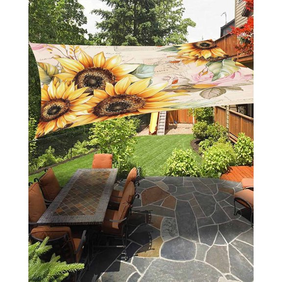 Pastoral Sunflower Waterproof Sun Shade Sail Plant Country Vintage Letter Background Outdoor Patio Sun Shades Canopy UV Block Waterproof Sunshade for Garden Backyard Deck Pergola 8x10 Ft