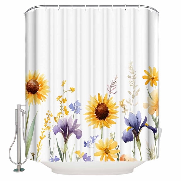 Pastoral Sunflowers Shower Curtain, 60" x 72", Leaves Plants Floral Watercolor Waterproof Bathroom Curtain Washable Shower Curtain Set with 12 Hooks