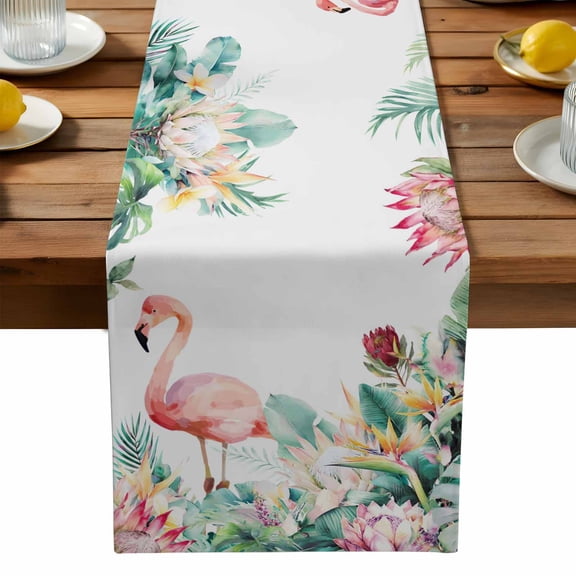 Pastoral Table Runner, Watercolors Green Tropical Floral Plants Flaming Birds Washable Kitchen Table Runners Dress Scarves for Dining Table Decorations Party, 13x36in