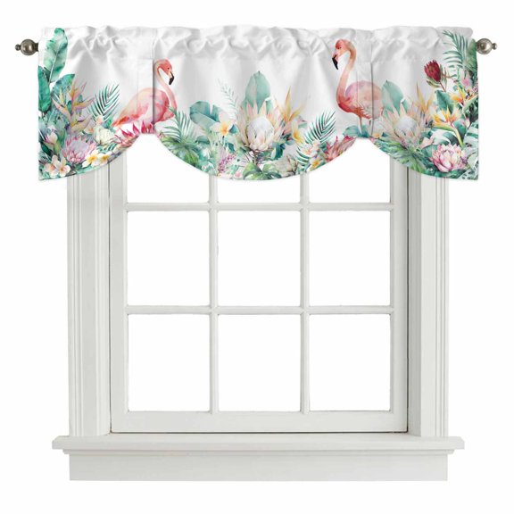 Pastoral Tie Up Valance for Windows Watercolors Green Tropical Floral Plants Flaming Birds Adjustable Curtain Valance Rod Pocket Balloon Shade Window Treatment for Kitchen Bedroom 42x12inch