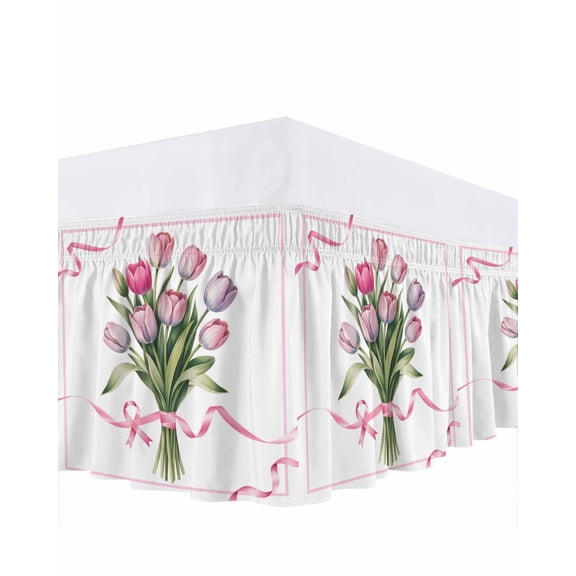 Pastoral Tulips Bed Skirt King Size 18 Inch Drop, Bouquet of Flowers Ribbon Pink Border Rustic Adjustable Elastic Dust Ruffles Bedskirt for King Bed Wrap Around Pleated Mattress Frame Cover