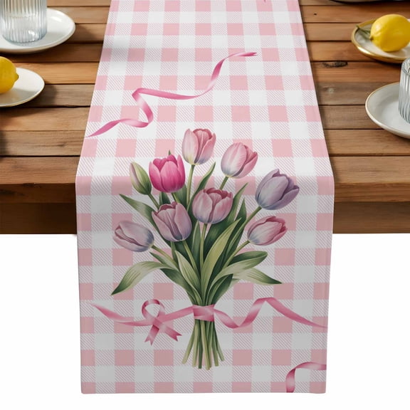 Pastoral Tulips Table Runner, Bouquet of Flowers Pink Ribbon Buffalo Plaid Washable Kitchen Table Runners Dress Scarves for Dining Table Decorations Party, 13x90in