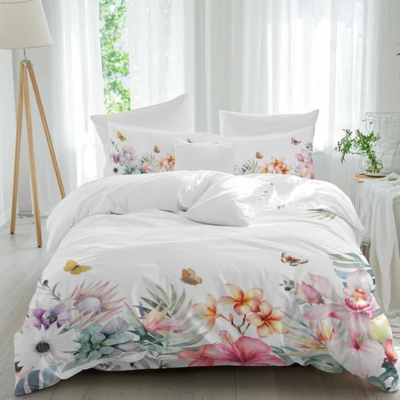 Pastoral Twin Size Comforter Set, Watercolor Tropical Floral Palm Leaves Butterflies Bedding for All Seasons, 4 Pcs Bed Set, 1 Quiltcover (68"x86") ,1Sheet(67"x116"), 2Pillowcases (30"x20")