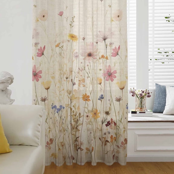 Pastoral Vintage Botanical Semi Sheer Curtains Drapes for Living Room, Bedroom, French Doors Window 54 Inches Long, Spring Summer Floral Rod Pocket Chiffon Curtain Drapery Voile Draperies Panel