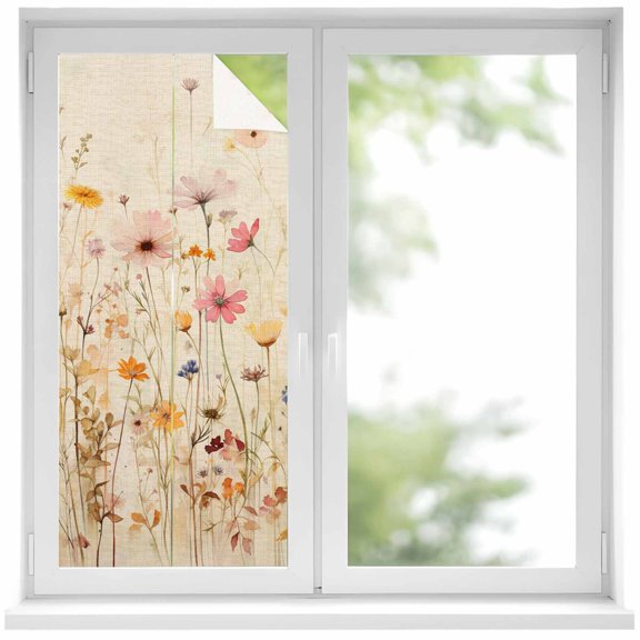 Pastoral Vintage Botanical Window Privacy Film, Spring Summer Floral Static Cling UV Sun Blocking Heat Control Window Tint Day and Night, Non-Adhesive One Way Windows Privacy Cover 19.6''x39.3''