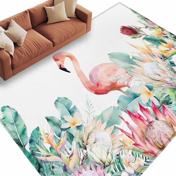 Pastoral Washable Area Rug 5 x 7 ft Watercolors Green Tropical Floral Plants Flaming Birds, Soft Non Slip Rugs Stain Repellent Indoor Felt Carpet for Living Dining Room Bedroom Home Office