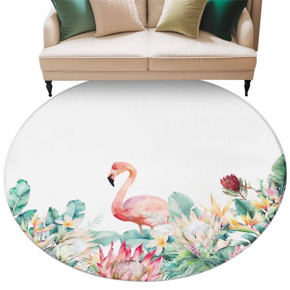 Pastoral Washable Round Area Rug 5 ft, Watercolors Green Tropical Floral Plants Flaming Birds, Soft Non Slip Rugs Stain Repellent Indoor Felt Carpet for Living Dining Room Bedroom Home Office