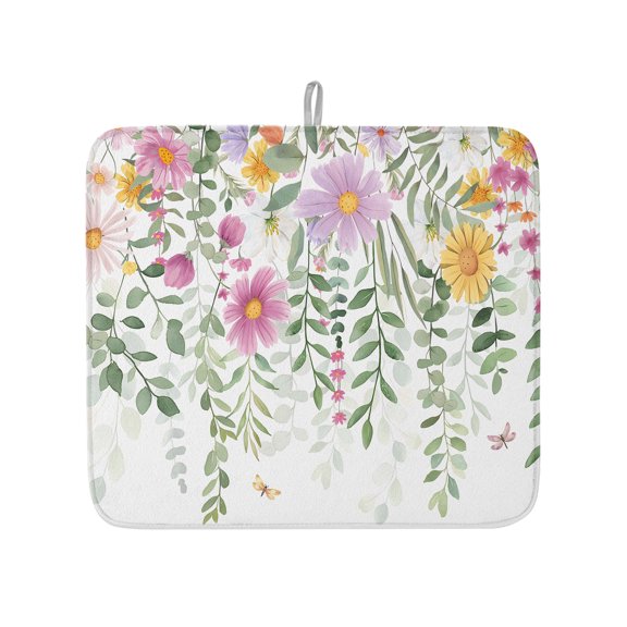 Pastoral Watercolor Flower Leaves Dish Drying Mats for Kitchen Counter,Absorbent Microfiber Dish Drainer Rack Mat Farmhouse Florets Drying Pad for Sinks,Utensils,Countertops,16x18in