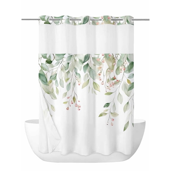 Pastoral Watercolor No Hook Shower Curtain and Liner Set Light Green Eucalyptus Leaf Red Fruit Shower Curtains with Snap-in Liner & See Through Top Window Hotel Style for Bathroom Decor 60x72 Inch
