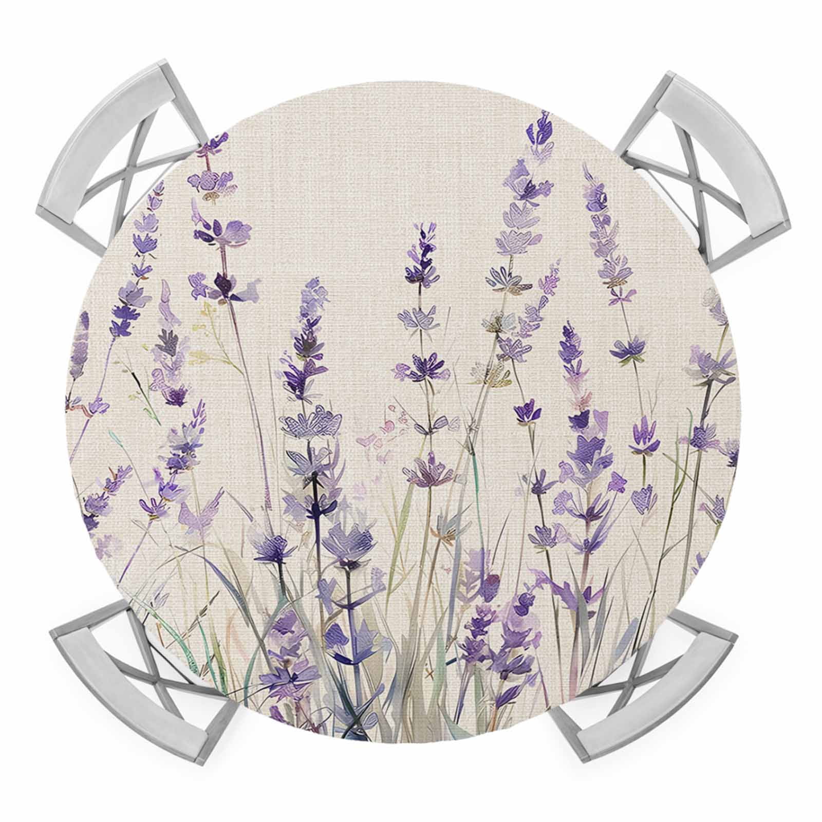 Pastoral Watercolor Lavender Fitted Tablecloth for 55-60in Round Tables ...