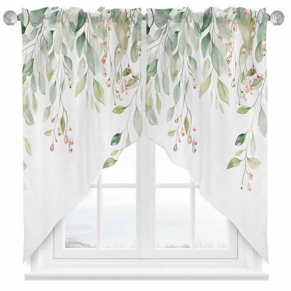 Pastoral Watercolor Swag Valances for Windows 2 Pack Light Green Eucalyptus Leaf Red Fruit Swag Kitchen Curtains 36 Inches Long Rod Pocket Short Window Treatment for Kitchen Bathroom 36"x36"