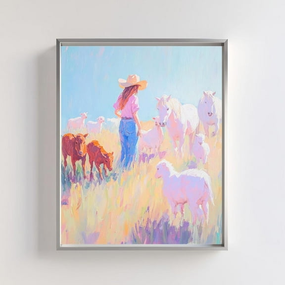 Pastoral Western Art, Cowgirl And Horses Print, Ranch Life Wall Art With Farm Animals, Rustic Farmhouse Decor In Vibrant Pastel Colors Wall Art, Modern Wall Decor, 8x12 UNFRAMED