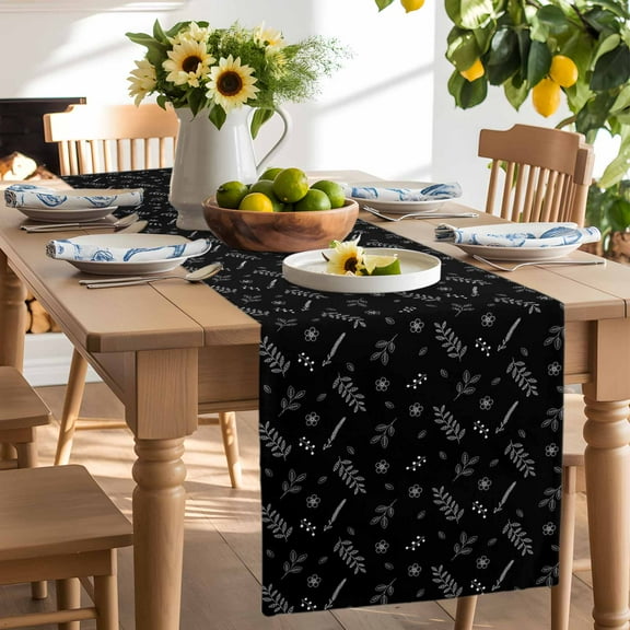 Pastoral Wheat Ear on Black Table Runner-90 Inch Long Watercolor Plant Table Runners Linen Burlap Tablerunner for Kitchen Dining Room Holiday Party