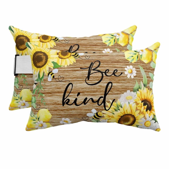Pastoral White Yellow Flower Bee Outdoor Pillow for Chaise Lounge Chair,Head Resting Pillow with Insert, Farmhouse Vintage Wood Board Waterproof Lumbar Pillows for Patio,11"x16" 2 Pack
